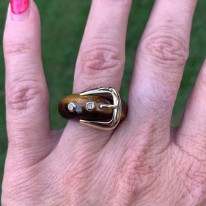 14K Yellow Gold Tiger’s Eye & Diamonds Buckle Ring